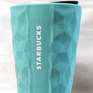 STARBUCKS GEOMETRIC TEXTURE TURQUOISE TEAL CERAMIC LIDDED TRAVEL MUG - NEW